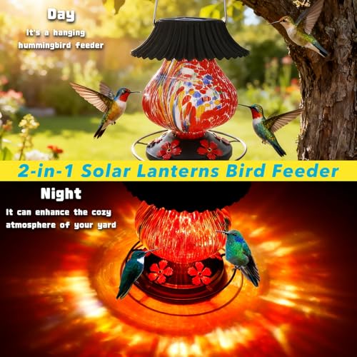 Solar Glass Hummingbird Feeder for Outdoors- 26 fl.oz Hummingbird Feeders | Best Solar Feeders with Ant Moat & Perch, 5 Feeding Ports, Wasp Leak Proof, Hand Blown Glass Color Changing Glowing in Dusk - color: Red