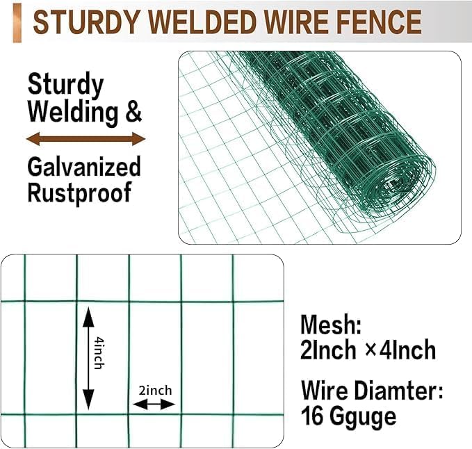 Tongmo 5 ft x 100 ft Green PVC Coated Chicken Welded Wire Fence, 16GA Garden Chicken Wire Fence Roll, Mesh Size 2" x 4" Hardware Cloth, Ideal for Yard Protection and Poultry Netting - color: Green, size: 5ft*100ft