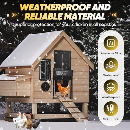Sakerplus Automatic Chicken Coop Door Solar Powered, Automatic Chicken Door with Timer, Light Sensor, 4 Modes and LCD Display, Aluminum Alloy Auto Chicken Door, Anti-Pinch & Weather Proof