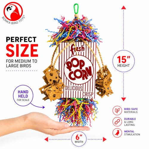 Bonka Bird Toys Popcorn Explosion Bird Toy 15" x 6" Foraging Shredding Toy for Small to Medium Birds Parakeets Cockatiels Conures Natural Paper Cardboard Hanging Cage Toy (Pack of 2) - size: Pack of 2