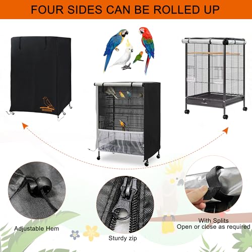 Bird Cage Cover, 600D Universal Parrot Cage Cover for Night, 100% Shading Oxford Cloth with Waterproof PU Coating Layer, Adjustable Soft Airy Nylon Mesh Net