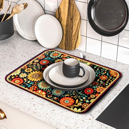Bohemian Style Flowers Drying Pad Boho Floral Dish Drying Mat for Kitchen Counter Absorbent Microfiber Drainer Rack Mat - color: Boho Floral Black, size: 18" x 16"
