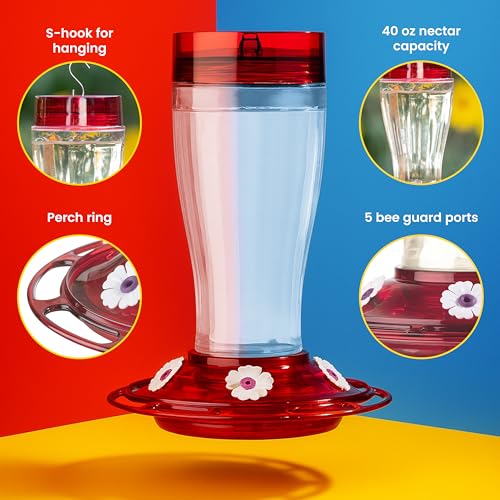 More Birds Bird Health+ Big Gulp Hummingbird Feeder, Glass Hummingbird Feeders for Outdoors, 5 Feeding Stations, 40 Ounces | Built-in Ant Moat, 40 oz Large Capacity, 5 Feeding Stations, BPA-Free Red Base and Top