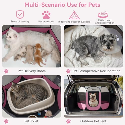 Sieidihit Dog Cat Pet Playpen Puppy Crate Cage Indoor Outdoor, Medium Pink | Nursing Rest Zone Recovering Pet Quarantine Room Portable Pop Up Easy to Set up lightweight Carrying Bag Wide applicability - color: Pink