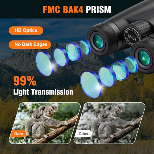 12x54 Binoculars for Adults High Powered - Large Eyepiece & Waterproof | BAK4 Prism, Clear Low Light Vision, Easy Focus, for Bird Watching, Wildlife, Cruise, Travel, Hunting, Outdoor Sports - size: 12x54