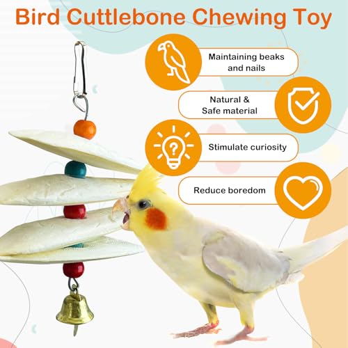 3 Pack Bird Chewing Toy Cuttlebone Parrot Toy with Bell Hanging Bird Beak Grinding Stone Parakeet Cage Accessories for Small Budgies Lovebirds Cockatiels (Flake, 4 Per Skewer) - size: 4 Flake-like