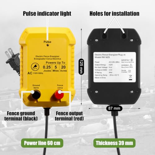 Electric Wire Fence Kit, 5 Mile 110VAC 0.25 J Plug in Fence Charger with 656 FT Polywire, 40 T Post Insulators, 20 Screw in Insulators for Pasture Farm Horse Cattle Poultry Fencing - size: 656FT, style: 0.25J