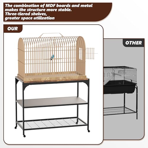 3-Tier Mobile Small Animal Cage Stand with Wood Tabletop, Lockable Caster Wheels, Storage Shelves for Small Animal Habitat for Hamster, Rabbit, Guinea Pig, Furniture Style Design
