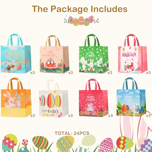 Bszatan 24PCS Easter Gift Bags with Handles, Treat Bags with Happy Bunny Carrot Chick, Multifunctional Non-Woven Easter Baskets for Egg Hunt, Gifts Wrapping, Party Supplies, 8.3×7.9×5.9inch - color: Easter Bags 24 PCS