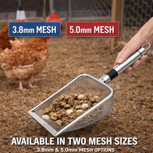 Chicken Poop Scooper 2 Pack, Stainless Steel Coop Scoop, 3.8mm & 5mm Mesh | 4-inch metal rake and scoop cleaning tools sift chicken poop, sand, litter and bedding for faster daily coop cleanup