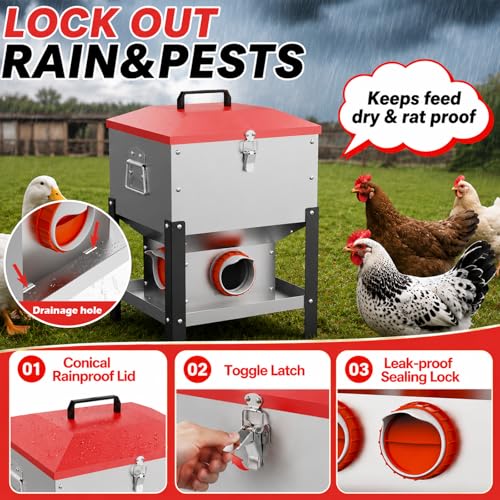 35LB Large Automatic Chicken Feeder- 4 Ports Metal Chicken Feeders, Dual No Waste Design with Locking Lid & Riveted Handles, Rainproof Poultry Feeder for Chickens, Ducks, Geese