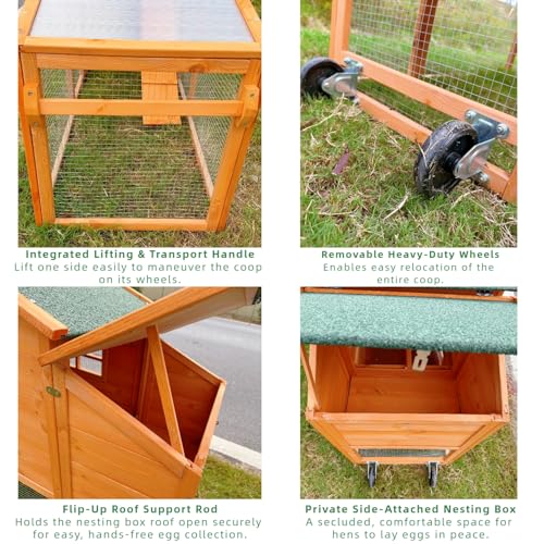 Mobile Chicken Coop with Wheels, Portable Hen House for 4-6 Chickens, Wood Outdoor Poultry Cage with Large Run, Waterproof Asphalt Roof, Side Nesting Box and Easy Clean Slide-Out Tray