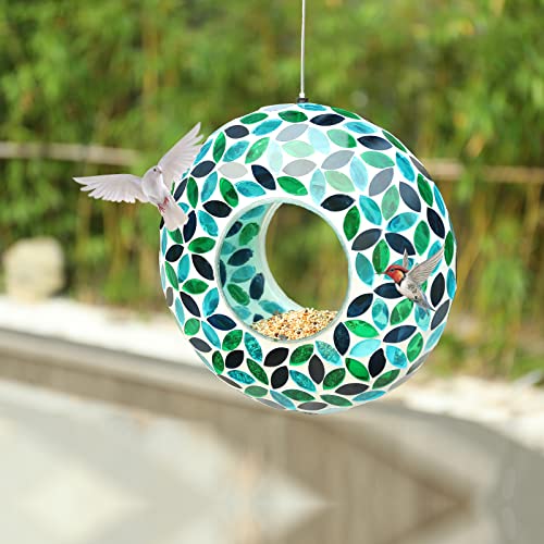 VCUTEKA Mosaic Bird Feeder Fly Through Hanging Birdfeeders for Garden Decor | 10 inch Mosaic Glass Bird Feeeder for Outdoors, Round Shape Glass Container to Attract Wild Birds for Backyard Porch Decor - color: Green-2