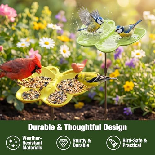 Kinsgyard 2 Pack Free Standing Tray Bird Feeders with Adjustable Pole, Wild Bird Bath for Outdoor Garden Yard Decor, Large Seed Capacity, Easy to Clean and Refill, Yellow & Green - color: Yellow & Green