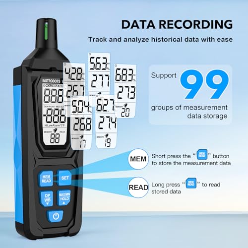Temperature Humidity Meter, High Precision Digital Psychrometer Hygrometer with Dew Point, Wet Bulb Thermometer for Indoor Outdoor, 99 Data Storage, Temp Alarm, Backlight, MAX/MIN, Auto Shutdown - color: Blue, size: TH13