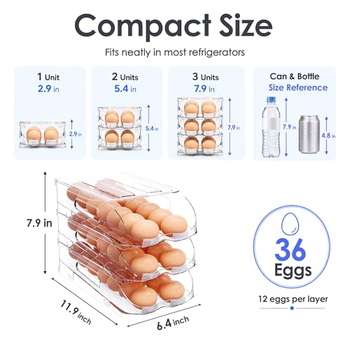 SMRCAD 36-Egg Dispenser with Silicone Bumpers, Auto-Rolling, Stackable | BPA-free food-grade PET | Stackable with lid | Built-in handle | Fits Large to Jumbo Eggs | Hand wash only - size: 3 Layer Holder 36 Eggs (M SIZE)
