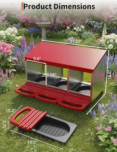 GarveeLife Chicken Nesting Box 3 Hole, Galvanized Steel Nest with Roll Away Egg Collection & Swing Perch, Easy-Clean Laying Box for Hens, Heavy Duty Design for Chicken Coop - color: Red, size: 3 holes