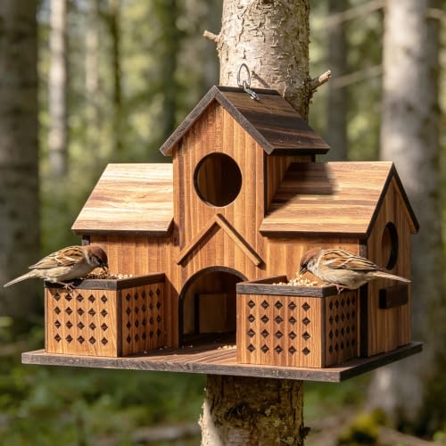 Wooden Bird Houses for Outside Outdoor 3 Hole Large Bird House with 2 Front Feeders Easy Access Cleaning Doors Martins Bluebirds Finches Cardinals Sparrows Chickadees Garden Patio& Yard