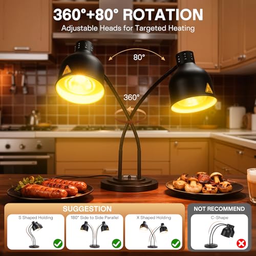 2-Head Heat Lamp for Food - 500W Commercial Food Warmers, Black | Keep Food Warm, Adjustable Head, Portable Food Heat Lamp, Food Warmers for Parties Buffet, Restaurant, Kitchen, Catering - color: Black