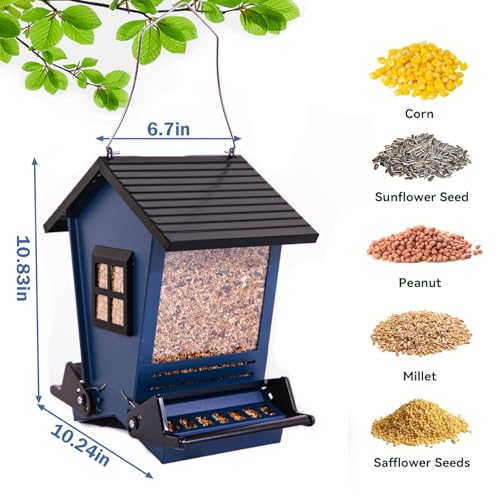 LSCQYYCC-Bird Feeder Squirrel Proof Metal Hanging for Outdoor Wild Bird Seed, with Bilateral Weight-Activated Perches, Large Feeder That Attracts Cardinals, Chickadees, and More Birds-One in Blue