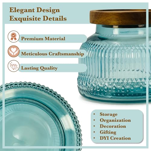 Decorative Blue Ribbed Glass Jar with Airtight Wooden Lid, 25.4 fl. oz | Wide mouth vintage storage canister, kitchen pantry bathroom organization, coffee sugar tea cookie candy candle vase gift - size: 25.4 Ounces, style: Blue Ribbed