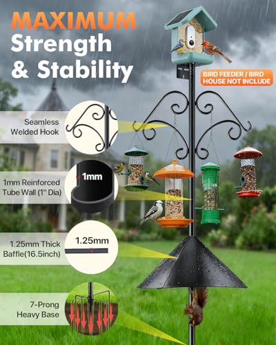 92 Inch Squirrel Proof Bird Feeder Pole with Baffle, 7-Prong Base Heavy Duty Bird House Pole with Shepherd Hooks for Outdoors Adjustable Yard Bird Feeding Station for Hanging Camera Bird Feeders Plant