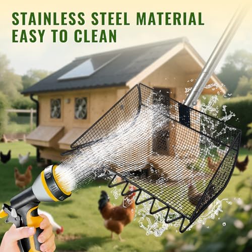 Chicken Poop Scooper, 2-in-1 Coop Scoop & Chicken Coop Rake, Sand Sifting Shovel with Adjustable Stainless Steel Handle, Up to 65 in, No-Bend Cleaning Tool - Patent-Pending (Black) - color: Black