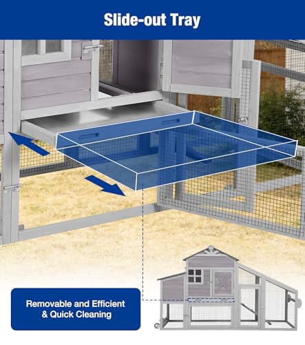 Mobile Chicken Coop with Run, Large Wooden Chicken House with Wheels, Duplex Hen House with Nesting Box, Slide-Out Tray, Waterproof Roof, Accommodates 2-4 Chickens - Grey - color: 73.4“L Light Grey