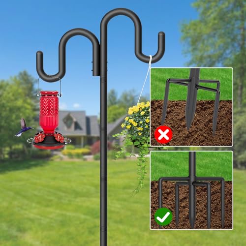 Double Shepherd Hook for Outdoor, 60" Heavy Duty Bird Feeder Pole with 5-Prong Base, Adjustable Thickened Shepherd Hook for Bird Feeder, Flower Baskets, Solar Lights, Lanterns, Black, 2 Pack - size: 60 Inch