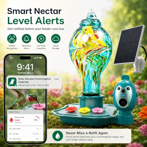 Hummingbird Feeder with Camera, Solar Powered 2K Smart Bird Feeder | AI Bird Recognition, Solar Powered, 2K Camera, Hand-Blown Glass Design, Leak-Proof, Bee Resistant, Easy to Clean