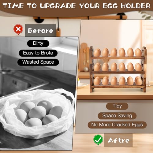 4-Tier Wooden Egg Holder Countertop, Egg Holder for Fresh Eggs, Farmhouse Kitchen Egg Tray Rack Holds 48, Firewood Stackable Egg Storage Basket with Carry Handle for Kitchen Refrigerator Counter
