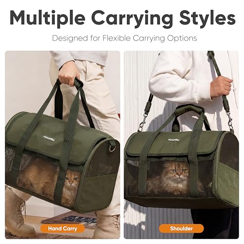 FUKUMARU Cat Carrier Soft, Ultra Lightweight Airline Approved Dog Carrier | Kitten Carrier with Anti-Scratch Mesh, Breathable Small Dog Carrier Bag, Collapsible Pet Carrier for Cats Under 15 lb, Green - color: Green