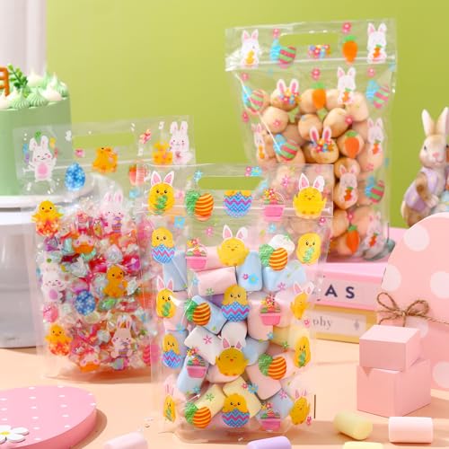 Frienda 60 Pcs Easter Plastic Candy Bags Bulk Easter Egg Zippered Treat Bags Bunny Goodie Bag with Handle Spring Party Favor Gift Pouch for Wedding Birthday Party Supplies