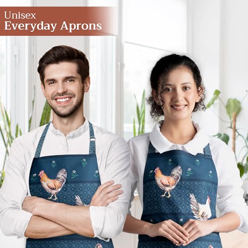 Maison d' Hermine Aprons for women with Pocket 100% Cotton (27.50"x31.50") | Adjustable Neck Strap & long ties Apron Men Chef Wedding Cooking Gardening Server Maid - color: 066 - Meadow Rooster