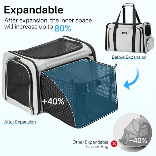 Expandable Cat Carrier, Airline Approved Soft Sided Pet Carrier for Cats & Small Dogs Up to 15 lbs, with Locking Safety Zippers & Cozy Fleece Pad, Portable for Car & Vet Visits, Black