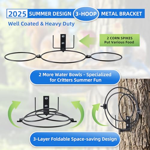 3-Hoop Squirrel/Bird Feeder, 2025 Cute Metal Bowl Outside Tree Mounted,1 x 8.5in Drainage Bowl+2 Corn Cob Spikes for Dry Food,2 x 5in Solid Bowls for Wet Food/Water, Perfect Squirrel Feeders for Yard - size: 3-Hoop - 19.5" Length