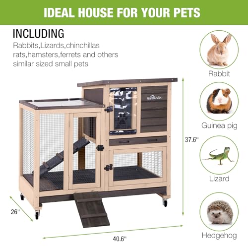 GUTINNEEN Rabbit Hutch Wooden Rabbit Cage on Wheels 2 Story Guinea Pig Cage with Urine Guards,Pull Out Tray(Coffee Color) - color: Coffee Color