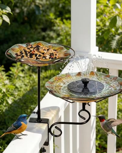 Glass Deck Mounted Bird Bath with Feeder for Balcony Yellow | Adjustable Clamp Fits Various Railings, 11" Bowl for Bird Lovers on Patios & Small Outdoor Spaces, Easy Setup, Great Gift