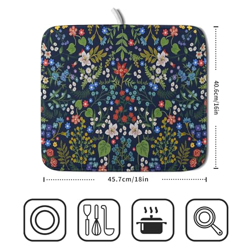 Flower Floral Dish Drying Mat Microfiber Navy Blue Absorbent Drying Pad for Kitchen Counter Small - color: Colored Flower, size: 18" x 16"