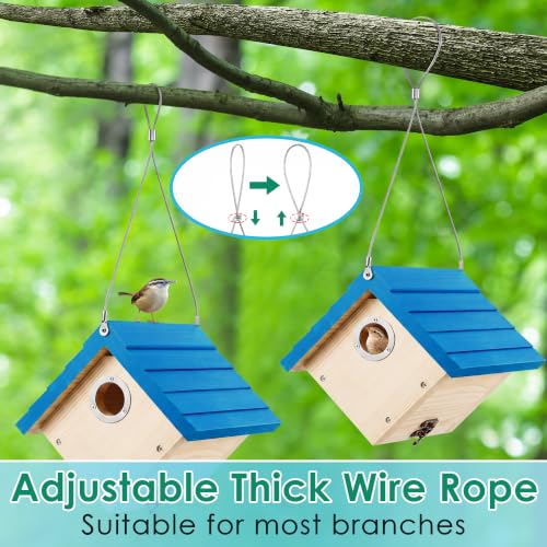 Dreyoo 2 Pack Wren House, 1-1/8'' Entrance Hole Hanging Wooden Wren Bird Houses for Outside with Metal Guard, Air Vents, Pine Wood for Chickadees (Blue,Wood Color) - color: Blue, Wood Color