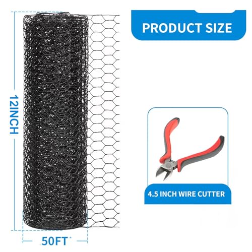 1/2 Inch Black Wire Mesh Roll - 12'' x 50' Chicken Wire Fence, 20 Gauge Hardware Cloth Poultry Netting for Garden/Animal Barrier/Rabbit/Floral/Chicken Coop/DIY Projects - size: 1/2inch-12inch×50ft
