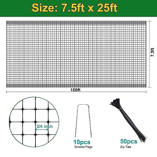 KLEWEE Bird Netting, 7.5x25 FT Heavy Plastic Duty Garden Netting Deer Fence | Fruit Tree Plant Vegetable Protection, 3/4" Fine Mesh from Birds Deer Squirrel Animals, UV Resistant, 10 Stakes & 50 Zip Ties - size: 7.5 x 25 FT