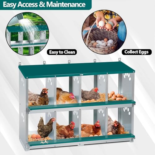 Chicken Nesting Box, 8 Compartment Metal Nesting Box | Wall Mountable Nesting Boxes for Chicken, 42.5" L x 13.0" W x 25.0" H, Green