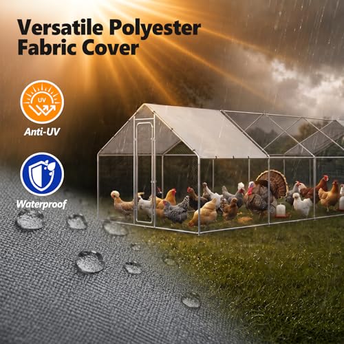 Metal Chicken Coop with Waterproof Pitched Roof, 32.8×9.8×6.4ft | Thickened Steel Frame, Predator-Proof Wire, Weatherproof & UV Resistant Cover, Detailed Assembly Guide & Tool Kit - size: 393.6"L x 118.1"W x 76.8"H