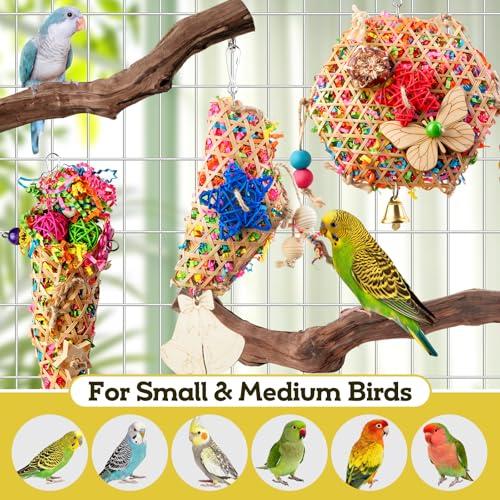 Bird Toys, Parakeet Foraging Toys, Hanging Chewing Toys with Natural Wooden Perches, Bird Cage Accessories, Suitable for Parakeets, Cockatiels, Budgies, Lovebirds & More - color: 5 pieces bamboo
