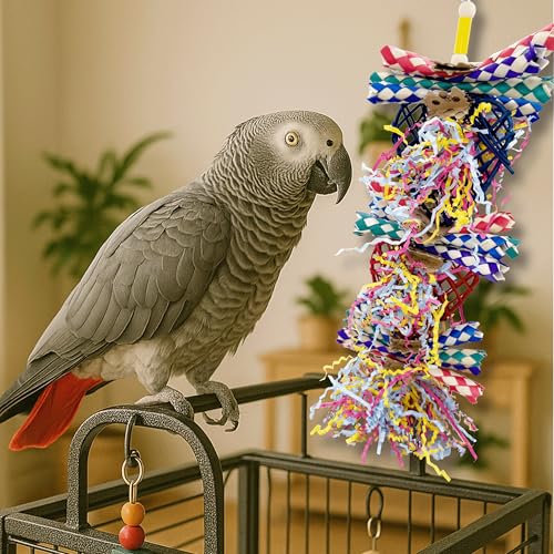 1042 Double Willow Heart Shreddy Bird Toy - Bamboo Finger Traps & Crinkle Paper Cardboard Shreds - Engaging Parakeet Bird Cage Accessories - Natural Foraging Parrot Toys for Cockatiel & Conure