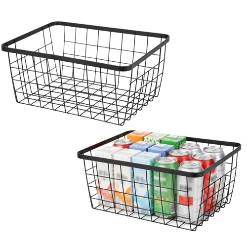 Kitchen Metal Wire Baskets with Handles Food Storage Organizer, Household Refrigerator for Cabinets,Pantry,Bathroom,Black,2 Pack - color: Black, size: 2 Pack New Small