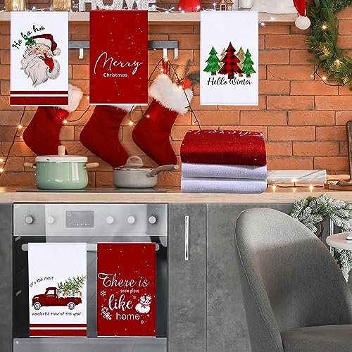 Oudain 6 Pcs Christmas Kitchen Towels Red and White Christmas Hand Towels Xmas Tree Snowman Dish Cloths 24 x 16 Inch Santa Truck Decorative Tea Dishcloths for Home Kitchen Bathroom Winter Xmas Gifts - color: Santa