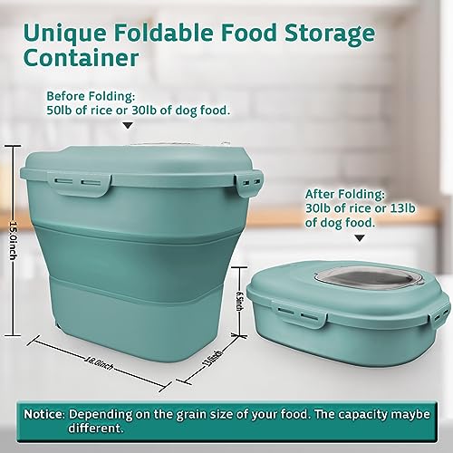 Rice Storage Bin Cereal Containers, 13-50lb Collapsible Rice Container Dispenser with Transparent Lid, Rolling Wheels, Measuring Cup and Scoop, Airtight Dog Cat Pet Food Storage Container Green - color: Green