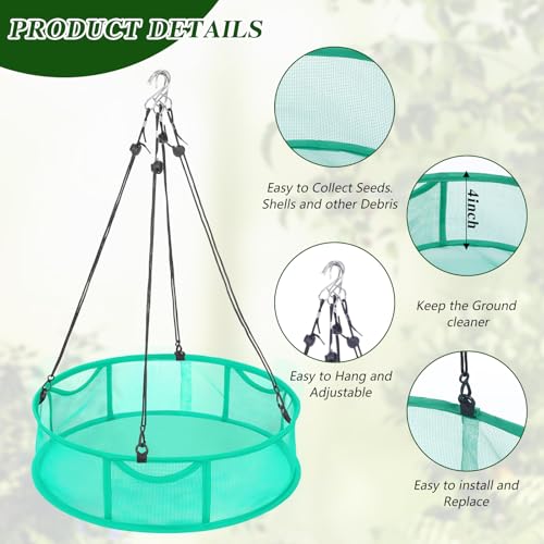 2 Pcs Bird Seed Catcher Trays, 16 Inch Green Spill Guard Platform for Hanging Feeders, Windproof Mesh Seed Hoop with Hooks, Outdoor Feeder Accessory